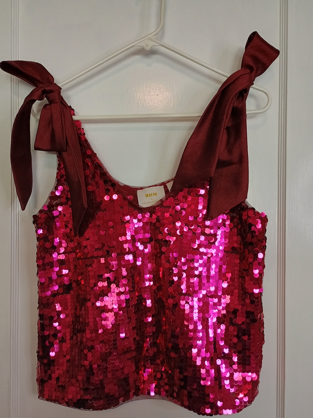 Maeve Anthropologie Pink Red Sequin Bow Strap Tank Top Medium Party Holiday - Picture 2 of 7